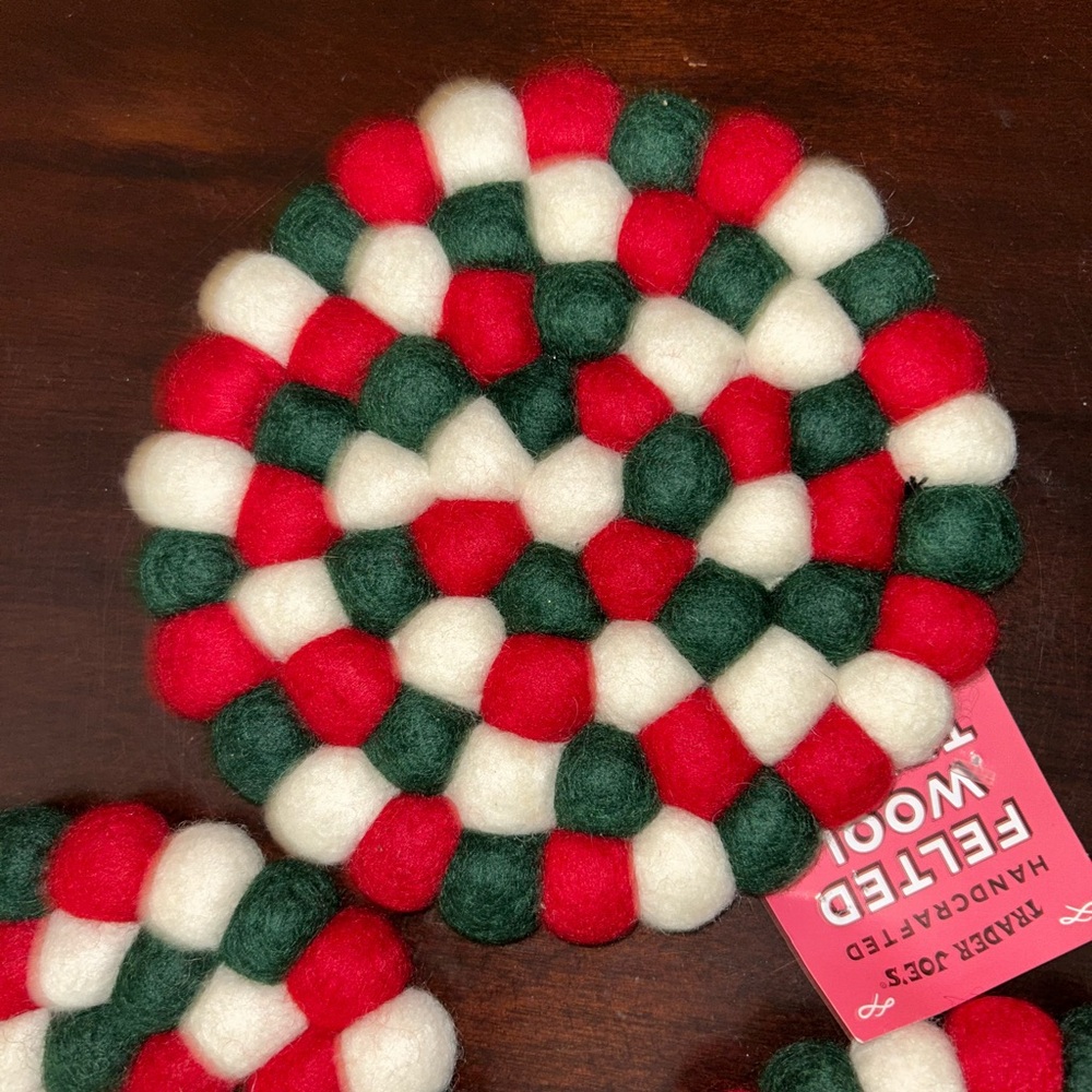 NEW (3) Trader Joe's Round Handcrafted Felt Wool Trivet Holiday Christmas - Picture 2 of 2